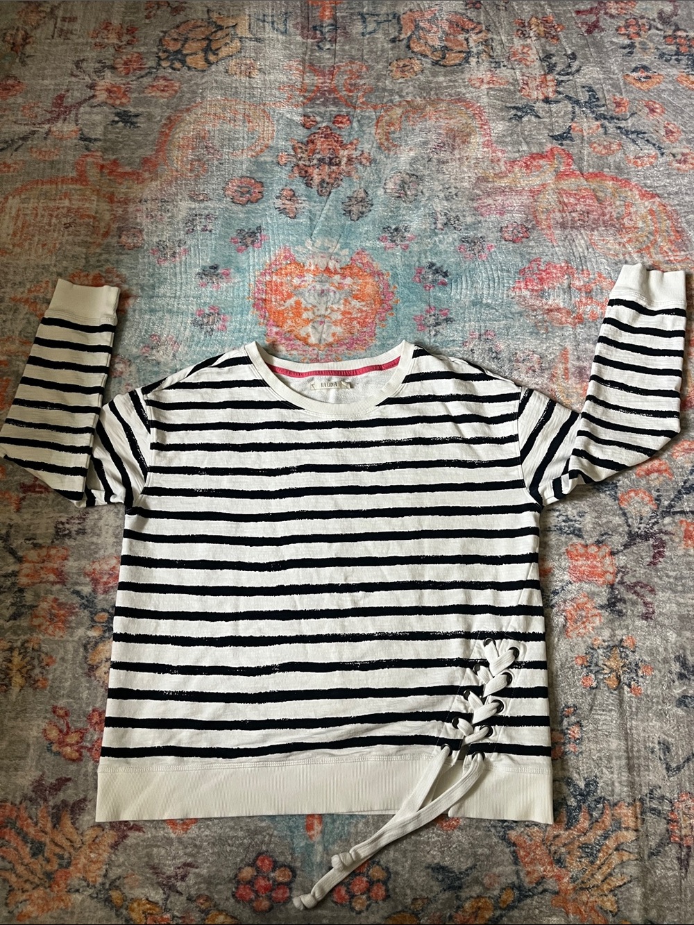 Striped Lace-Up Long Sleeve Top - White & Black